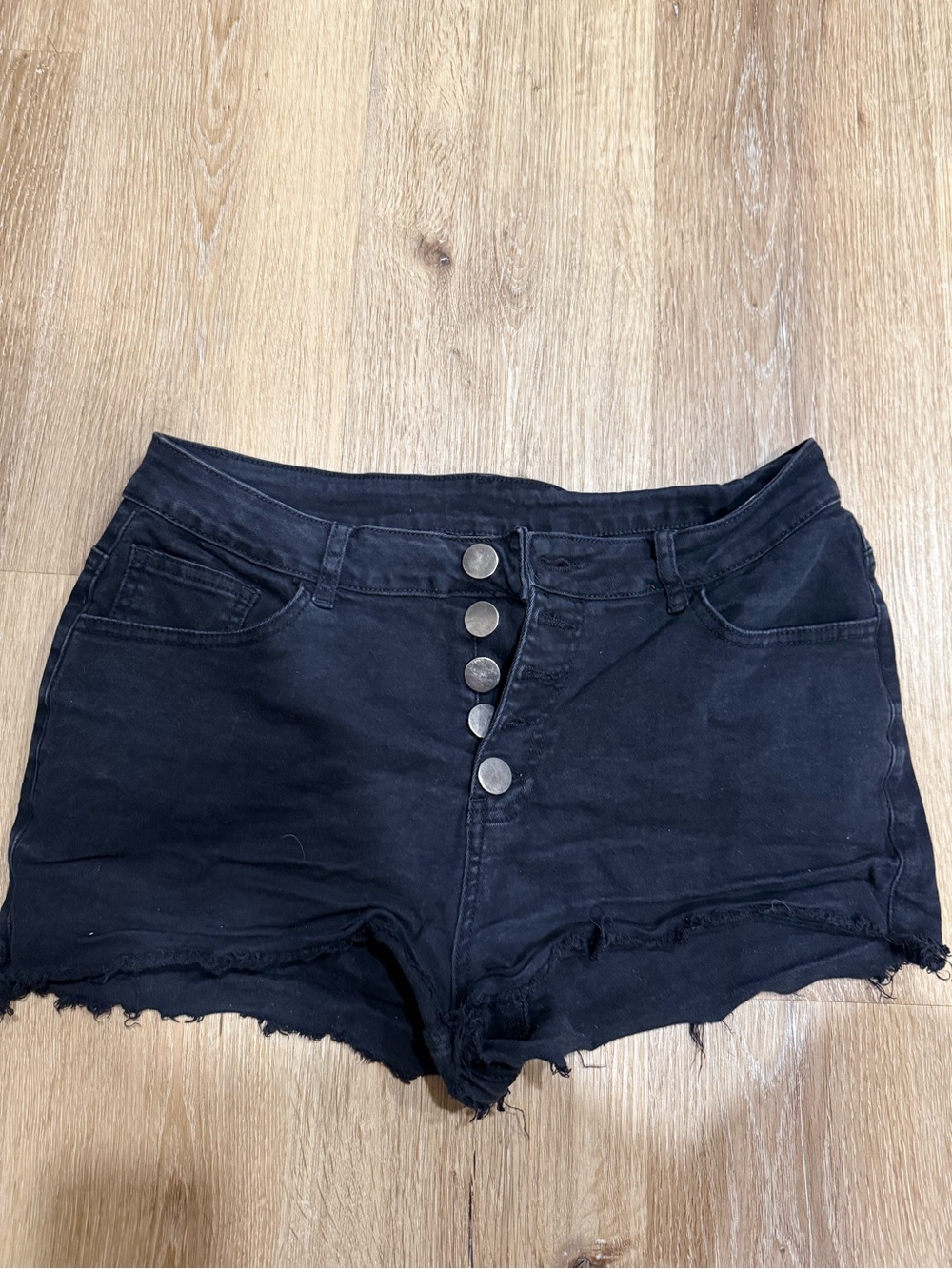 Women’s Black Distressed Button-Front Denim Shorts